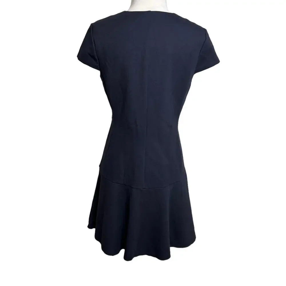 Tory Burch Cap Sleeve V-neck Ruffle Shift Dress Navy Blue Sz M